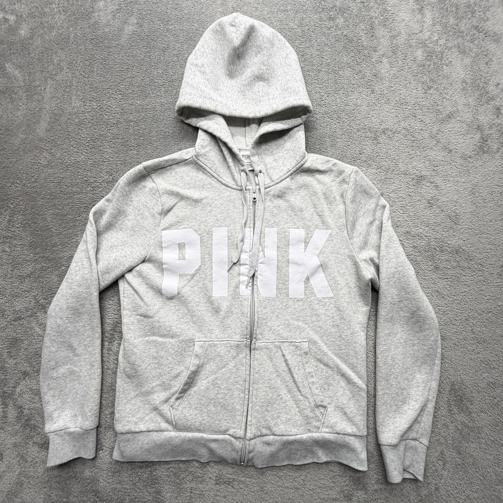 PINK Victoria's Secret Hoodie Womens M Gray Full Zip Hooded Fleece Lined Pockets